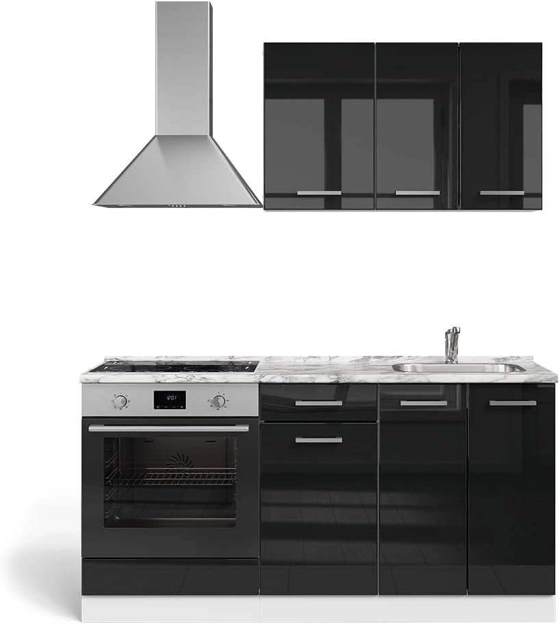 Cucina completa R-Line, Nero lucido/bianco, 160 cm con base forno e lavello con PT