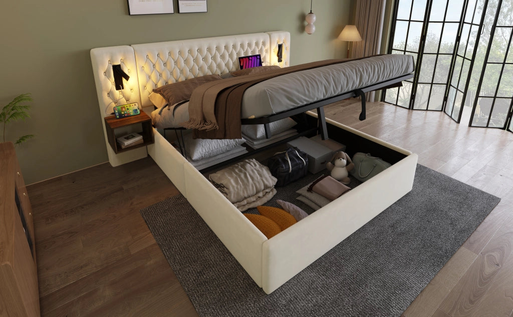 DESMIU Letto Contenitore Letto Matrimoniale con 2 Comodini, USB, Type-C e Luci da Lettura 160 × 200 cm Senza Materasso