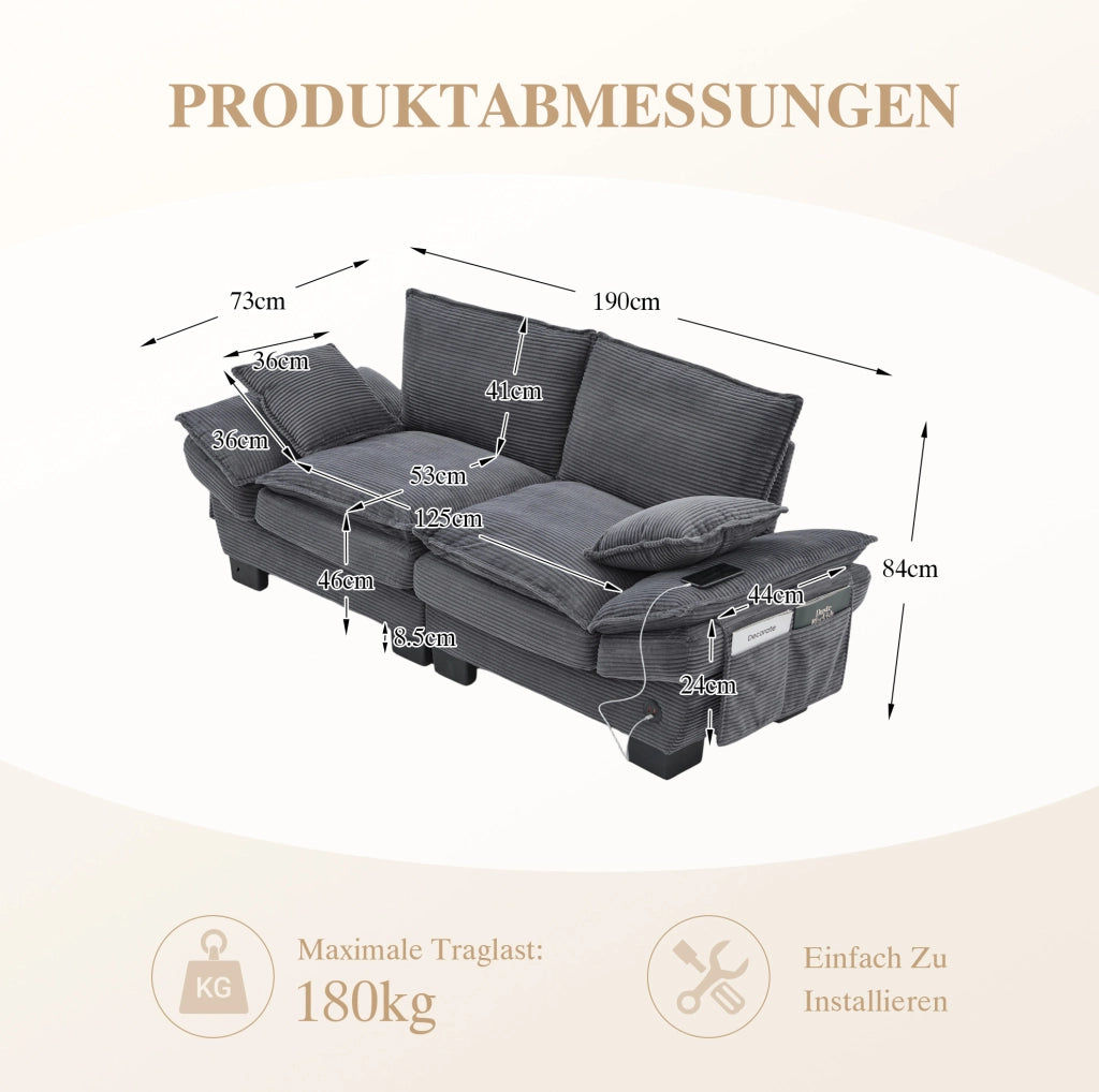 Divano 2 posti in tessuto corduroy grigio scuro; 190x73x84 cm; con porta USB-C e tasche laterali