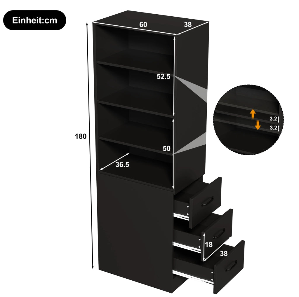 Libreria stretta da 180 cm con 3 cassetti laterali; 60x38x180 cm; nero; in truciolare