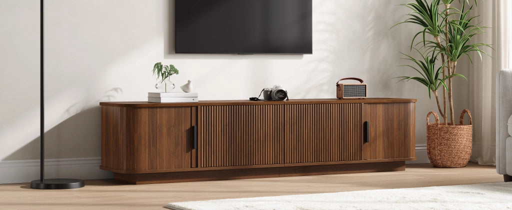 Mobile porta TV con LED, 2 cassetti e 2 ante scorrevoli, per soggiorno, in MDF e truciolare, noce, 180 × 40 × 40 cm