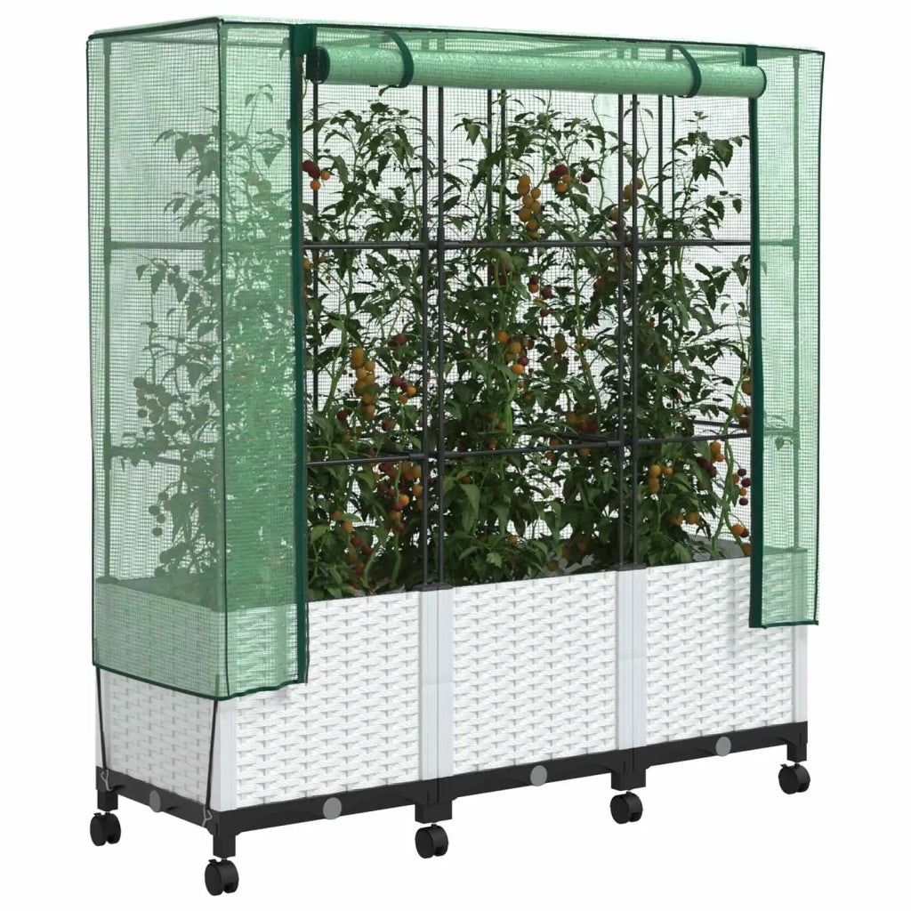 Vaso da Giardino con Copertura per Serra e Ruote 3 pz Bianco PP 3423070