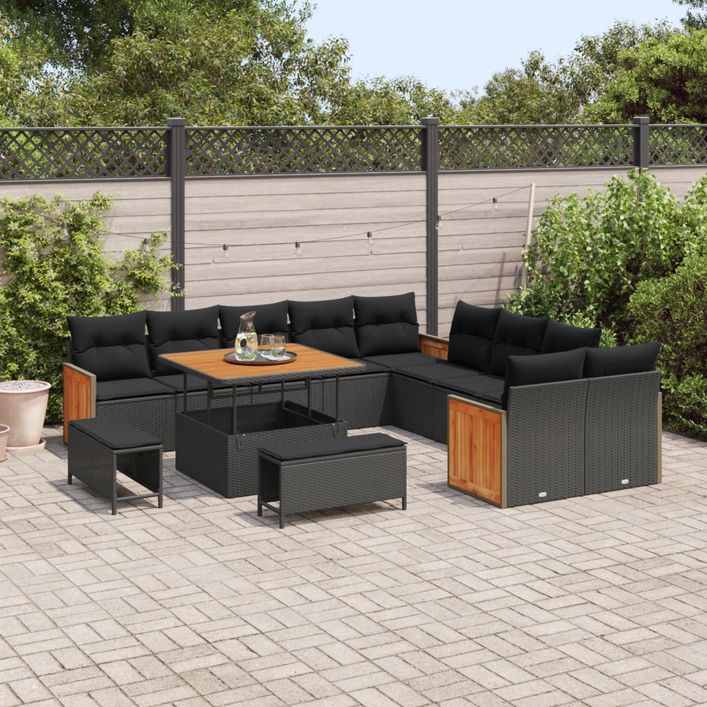 Set Divano Giardino  13 Pezzi con Cuscini Neri Polyrattan Acacia