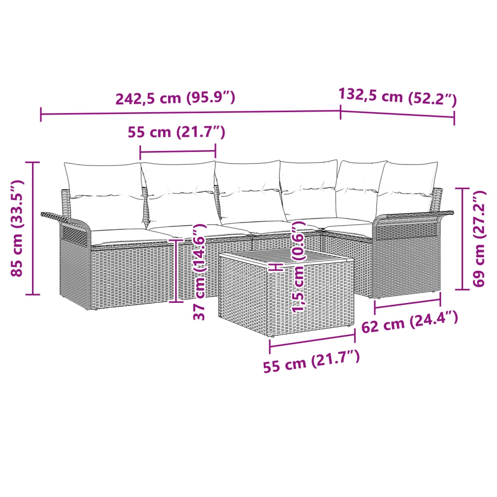 Set di Divani da Giardino 6 Pezzi con Cuscini Nero Polyrattan Acacia