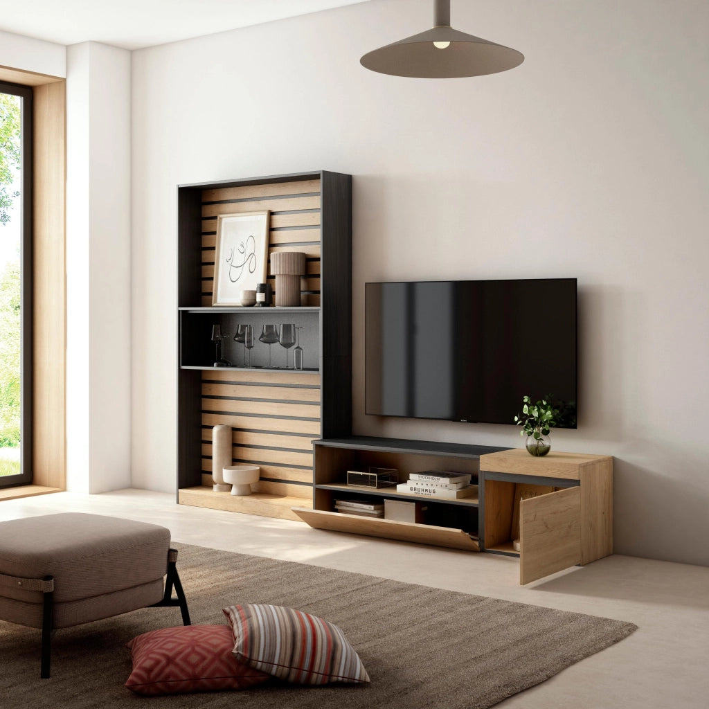 Mobile TV, Soggiorno, 260x35x186cm, Per TV fino a 65", Set di mobili, colore Rovere e nero RF2531