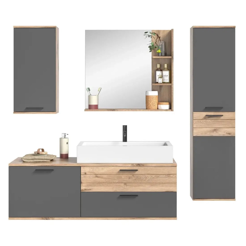 Set da bagno: mobile sotto lavabo + colonna di stoccaggio + mezza colonna + specchio – Grigio antracite e rovere chiaro –