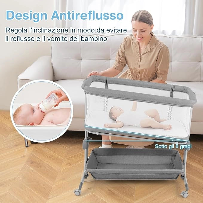 Culla da Affiancare per Neonati, Culla per Bambini con Altezza Regolabile a 6 Livelli, con Mensola Portaoggetti, Materasso e Borsa da Trasporto, per Bambini 0-6 Mesi (Grigio Chiaro)