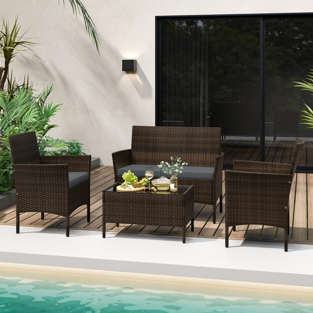 Set da conversazione in rattan per patio 4 pezzi con cuscini morbidi, Mobili da esterno modulari per giardino e veranda Grigio