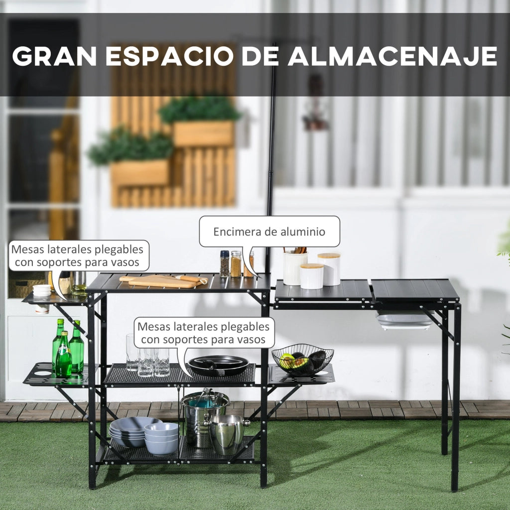 Tavolo da Picnic Pieghevole con Lavandino e Ripiani ¨C zephmum ¨C Grigio 173x52x80 cm