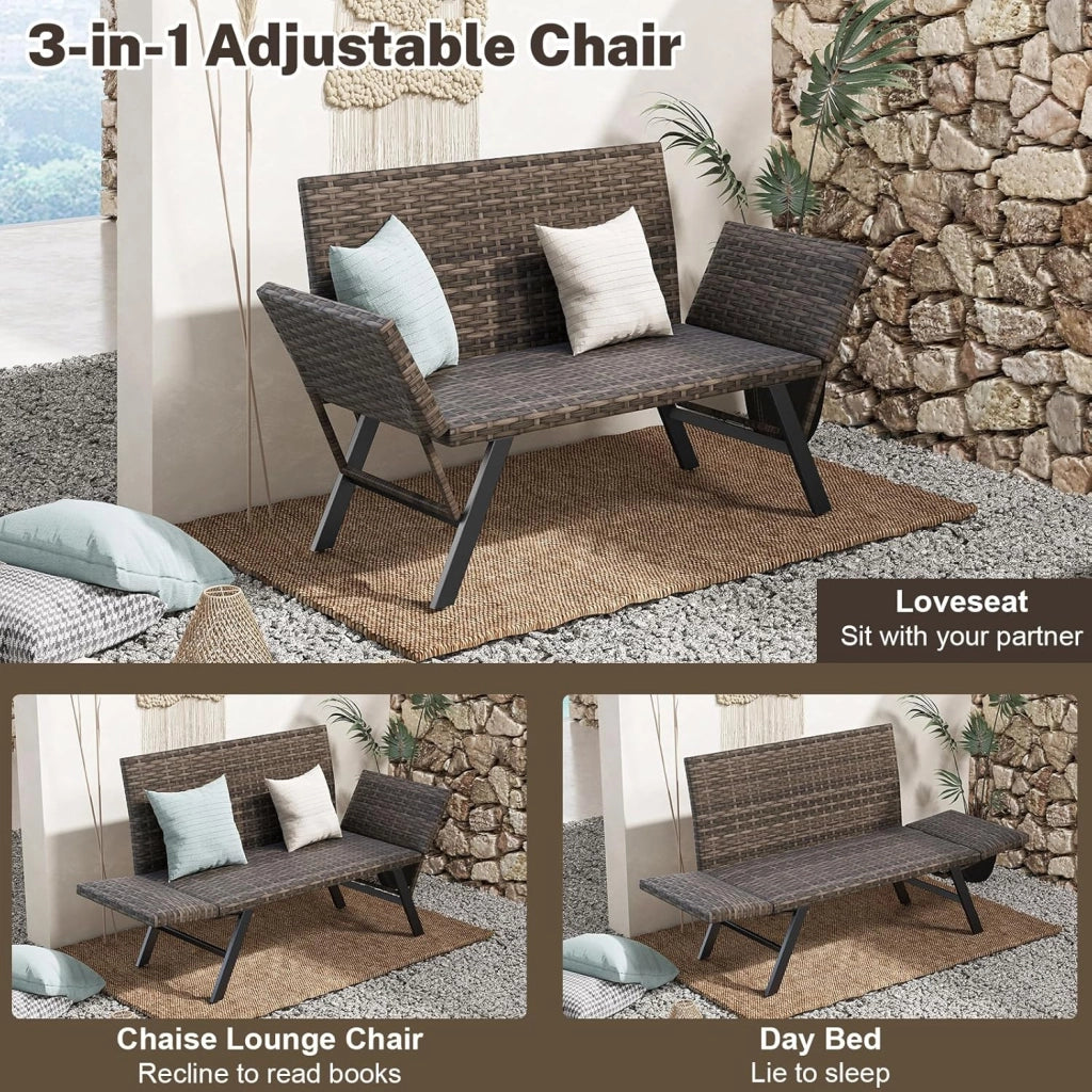Divano da giardino in rattan a 2 posti, panca convertibile da esterno con braccioli regolabili, design intrecciato, lunghezza 163-178 cm, carico 300 kg, lettino da giardino per terrazza