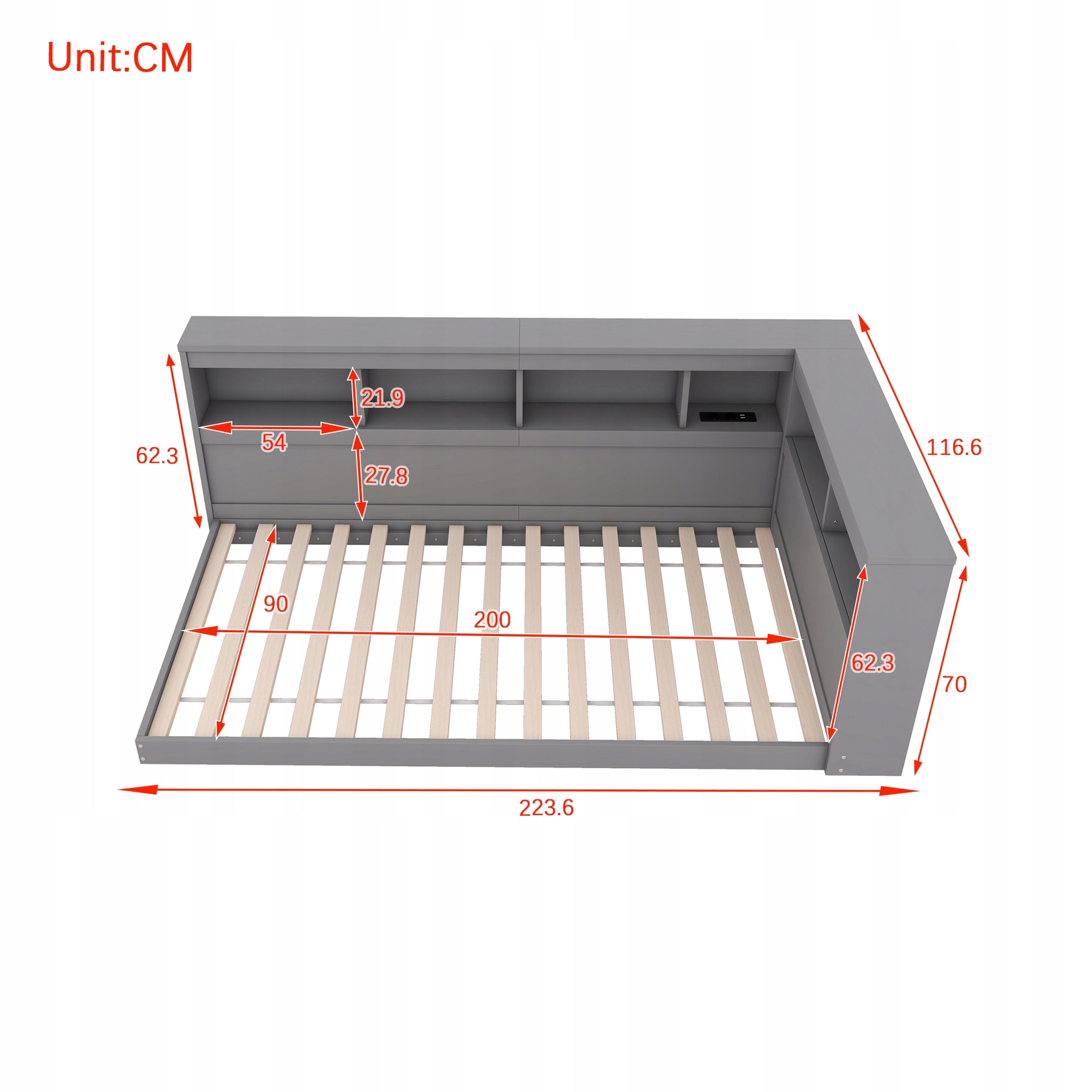 Letto singolo 90x200 - Xylo - Grigio con presa e USB