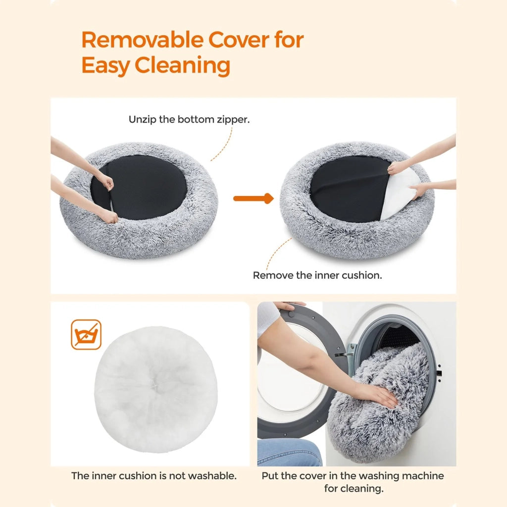 Cuccia rotonda per cani a forma di ciambella stile divano con cuscino centrale sfoderabile e lavabile morbido tessuto di peluche ø100 cm grigio chiaro 12_0006846