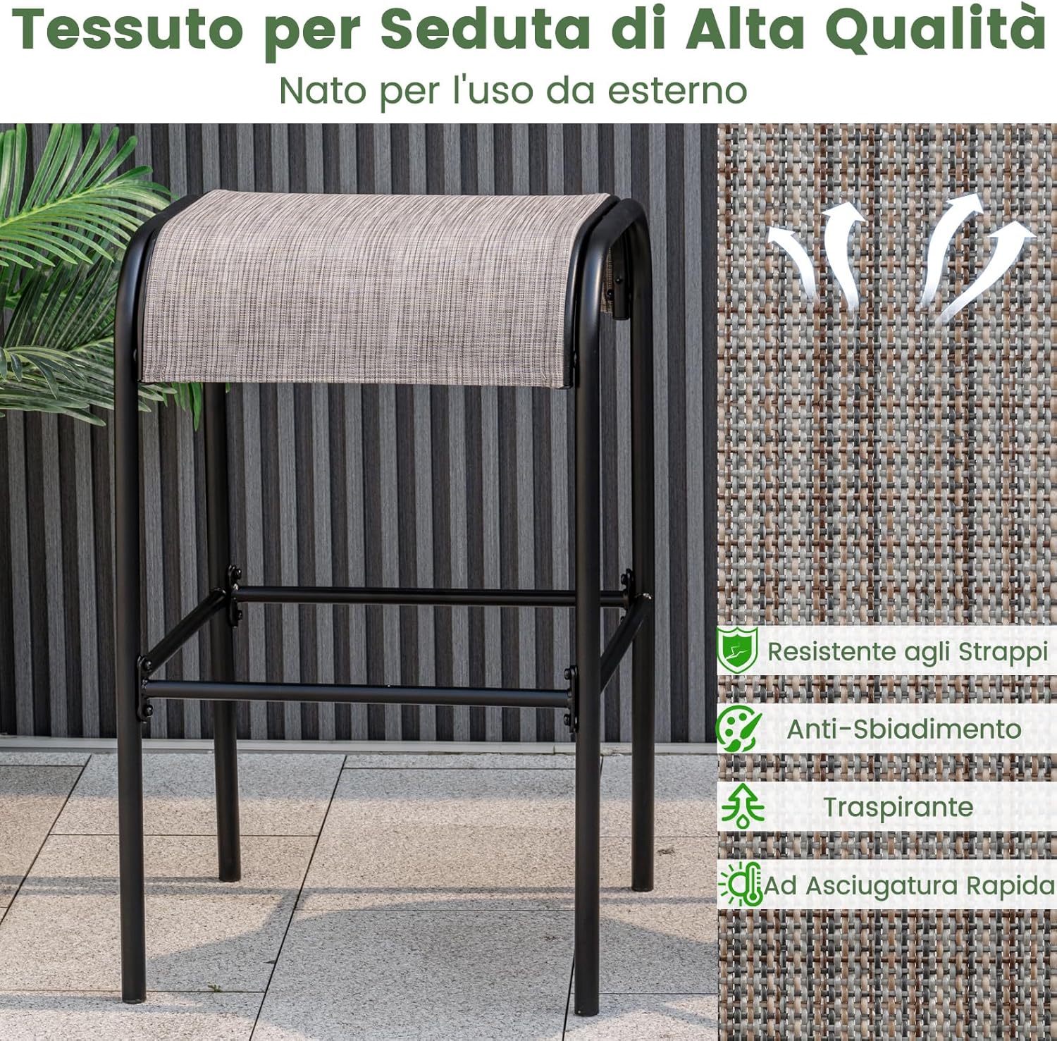 Set di 2 Sgabelli da Giardino,Sgabello da Giardino in Tessuto Texlilene, Sgabello da Bar da 76 cm, con Seduta Curva in Tessuto, Struttura in Metallo, Portata 180 kg, 47 x 47 x 76 cm
