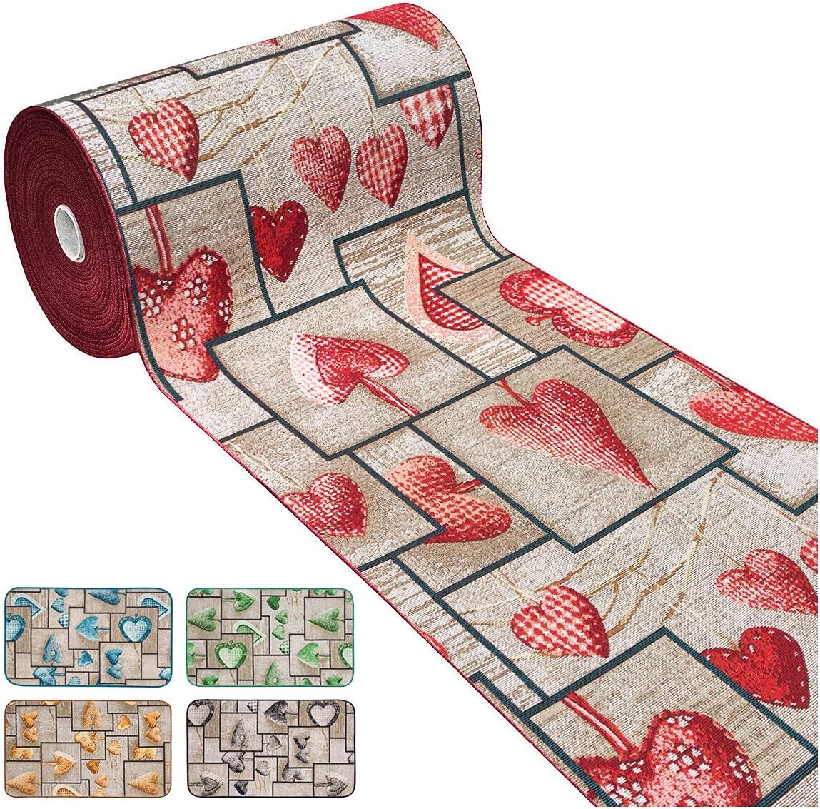 Tappeto Cucina Tessuto Gobelin 54x280 cm Passatoia Lavabile Antiscivolo Shabby Chic Cuori Bordeaux