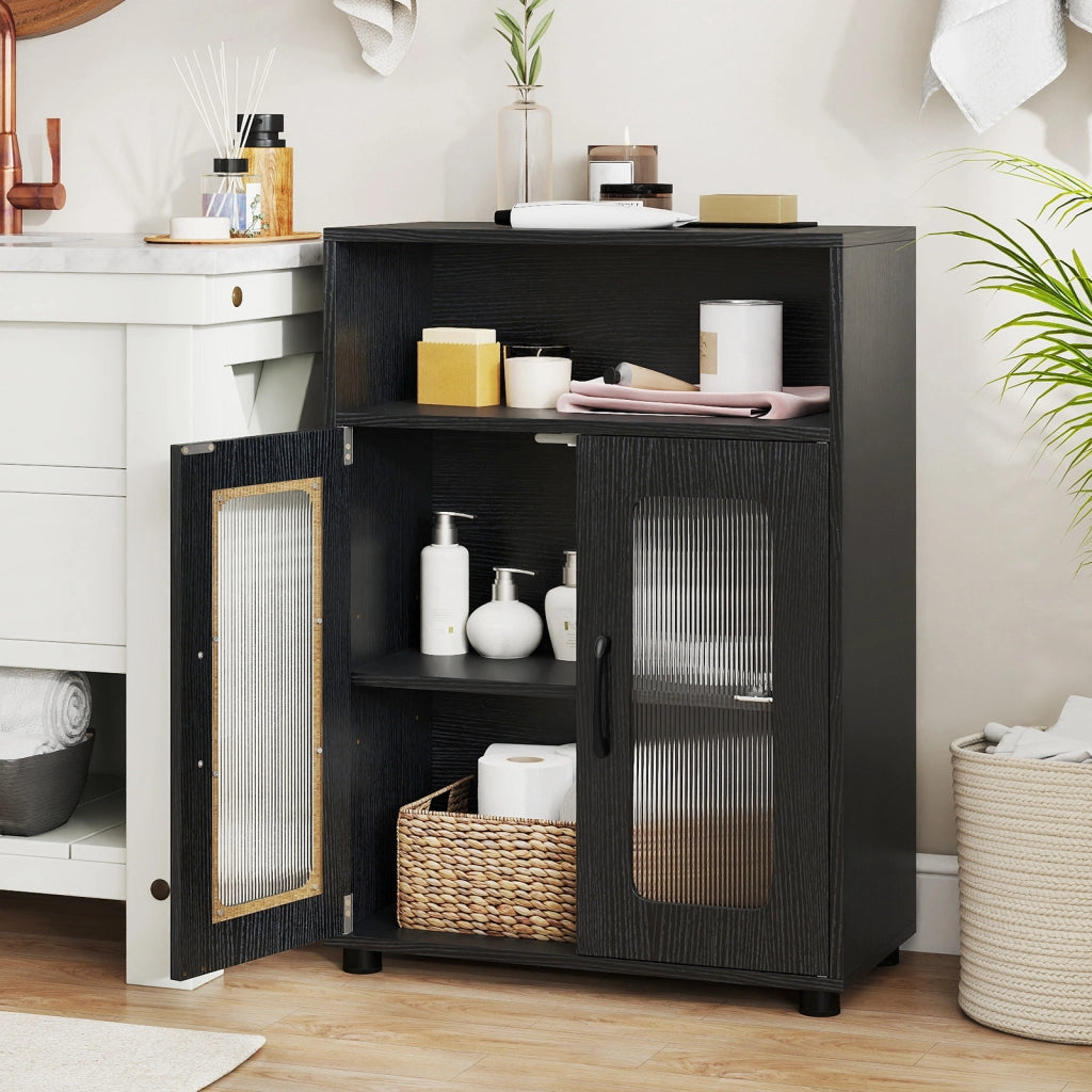 Mobiletto da bagno autoportante con 2 ante ripiano regolabile a 3 livelli scomparto aperto-Mobili da Bagno Organizer per bagno design anti Nero