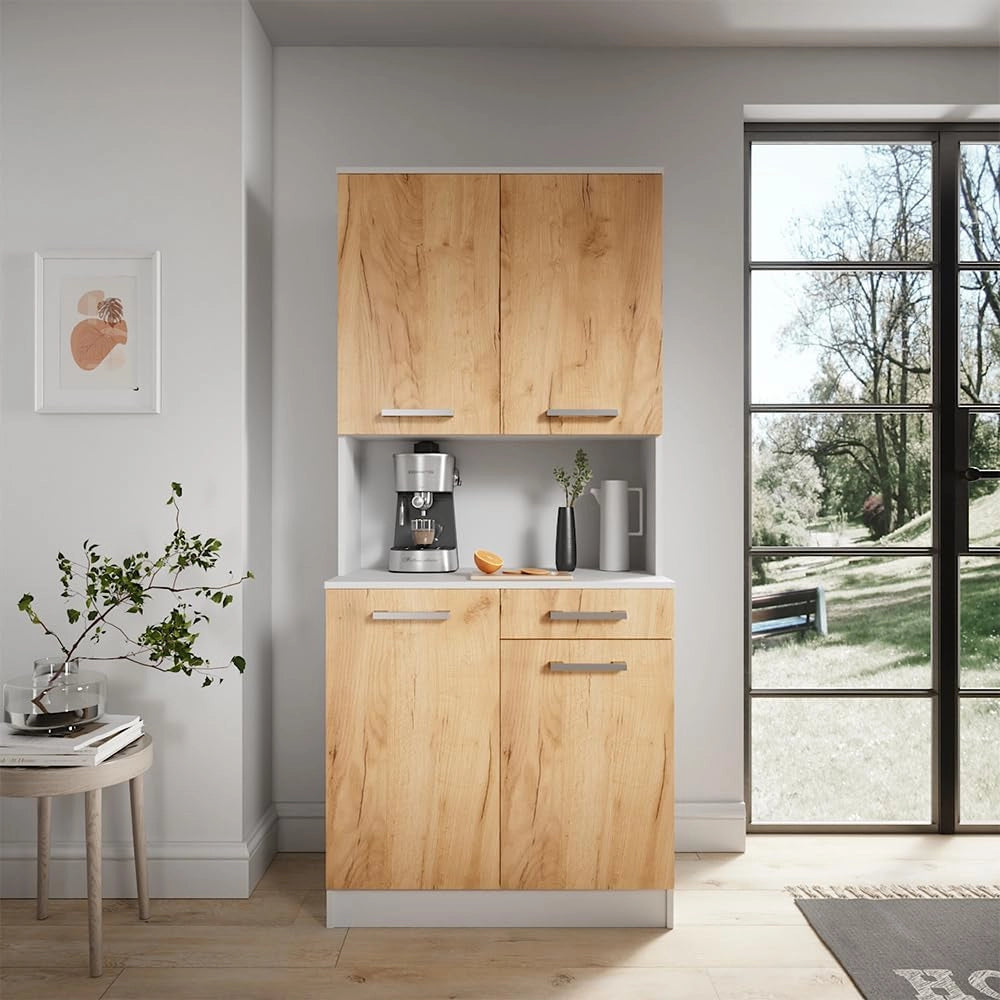 Buffet da cucina Raul, Rovere bianco/dorato, 83.6 x 188.5 cm con 4 porte e 1 cassetto, con ripiano aperto per dispositivi e combinabile con moduli aggiuntivi
