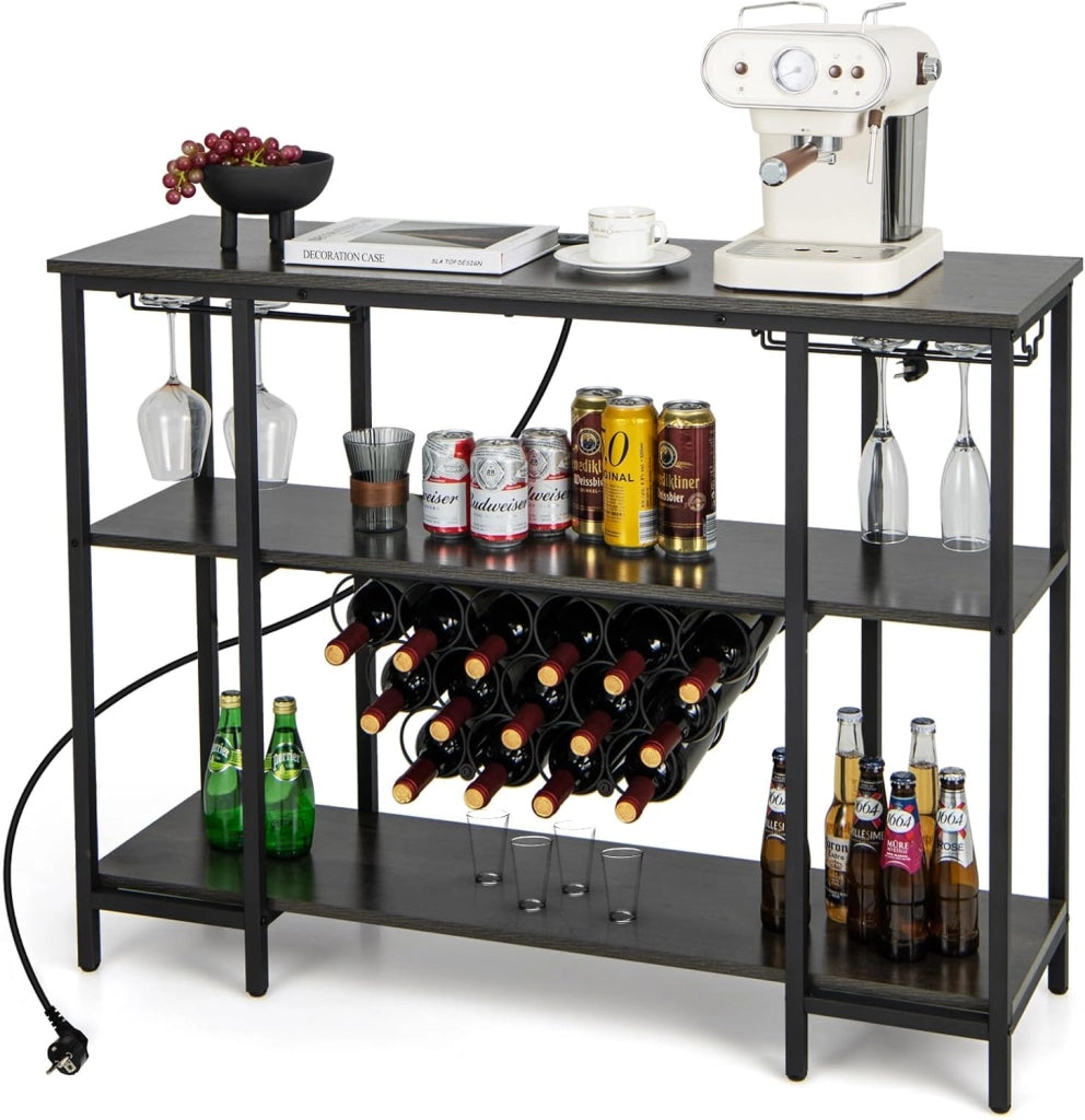 Mobile Bar Vino, Portabottiglie Industriale con 3 Ripiani, Porta Calici, Porte USB e Prese, Mobile Portabottiglie di Vino con Struttura in Metallo, 113 x 35 x 85 cm (Marrone)