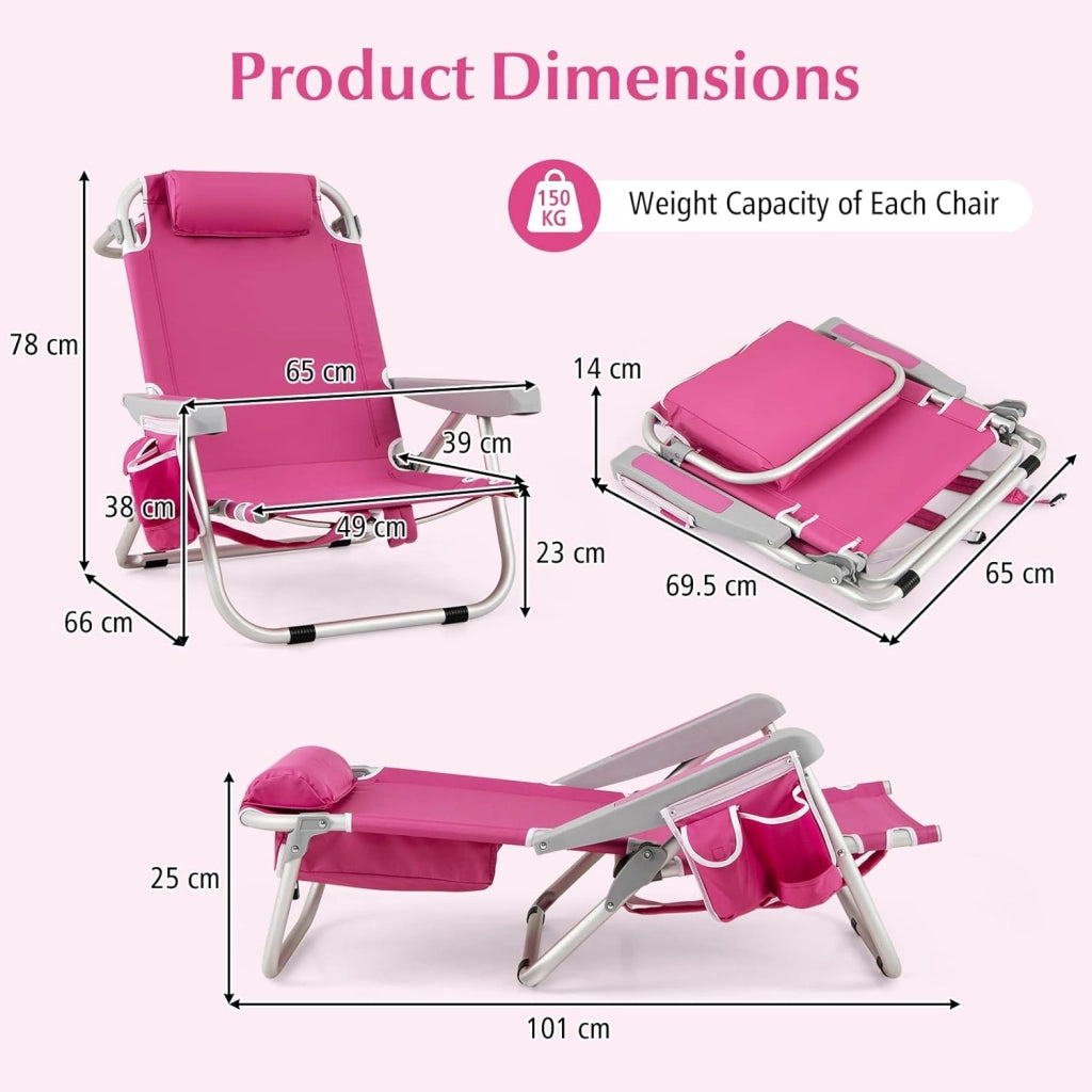 Sedia da Spiaggia Pieghevole, Spiaggina con Schienale Regolabile in 5 Posizioni, Sdraio Mare con Poggiatesta, Lettino Prendisole con Tasca Laterale, Carico 150 kg (Rosa*2)