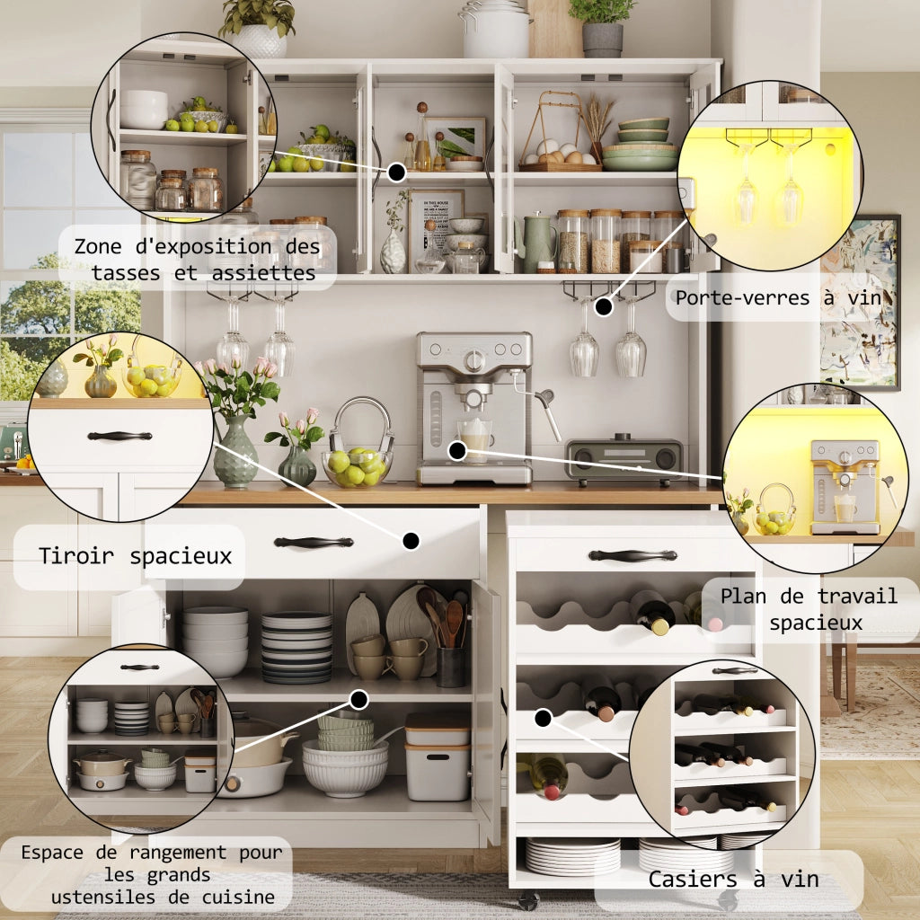 ARMADIO CUCINA con carrello estraibile 140x38x180 cm Bianco in MDF con LED
