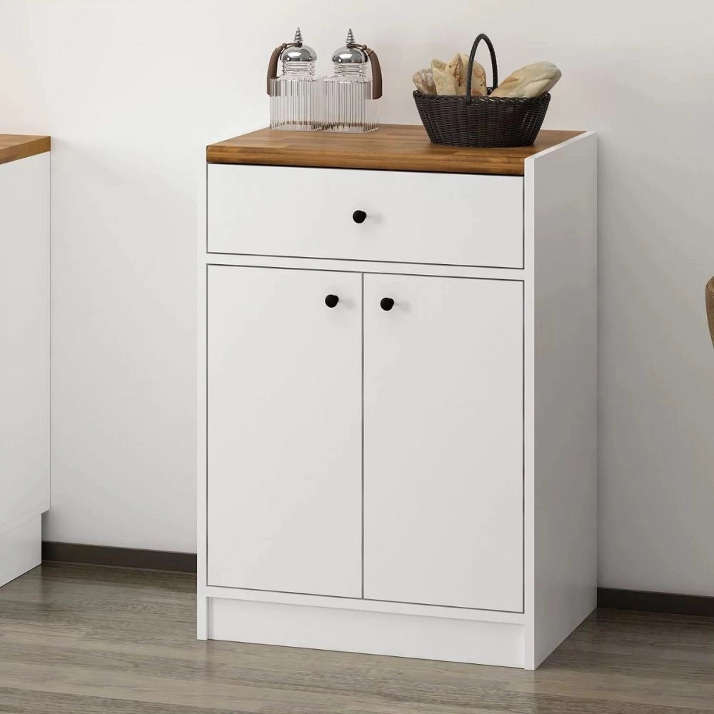 Mobile multiuso Viola con 2 ante e 1 cassetto 64x45x90H – Bianco con Top rovere scuro