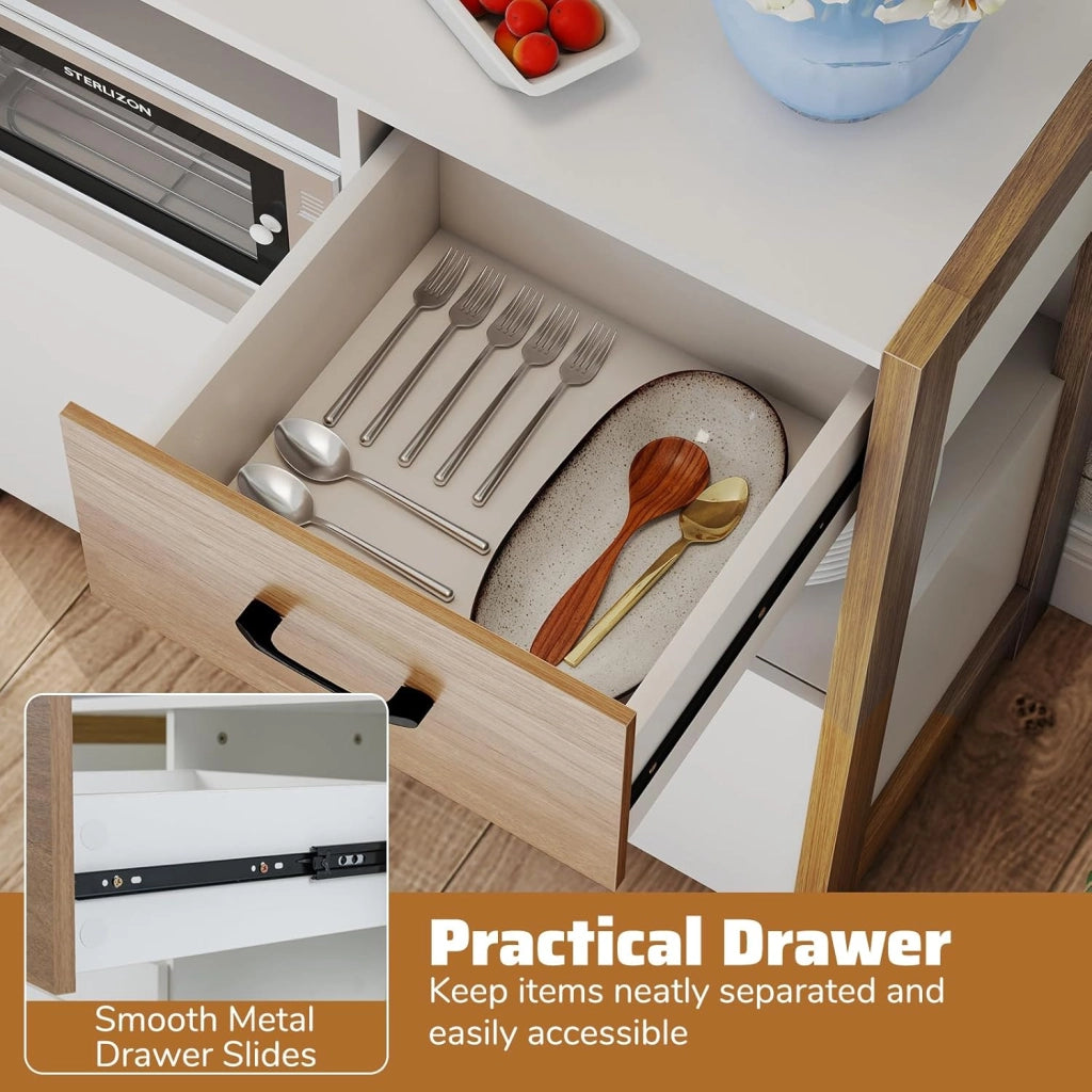 Credenza Cucina con Ripiano Regolabile, Armadio Dispensa con Cassetto, Ripiani Aperti e Armadio con 2 Ante, Mobile Buffet per Sala da Pranzo, Soggiorno, 82 x 40 x 81 cm, Bianco