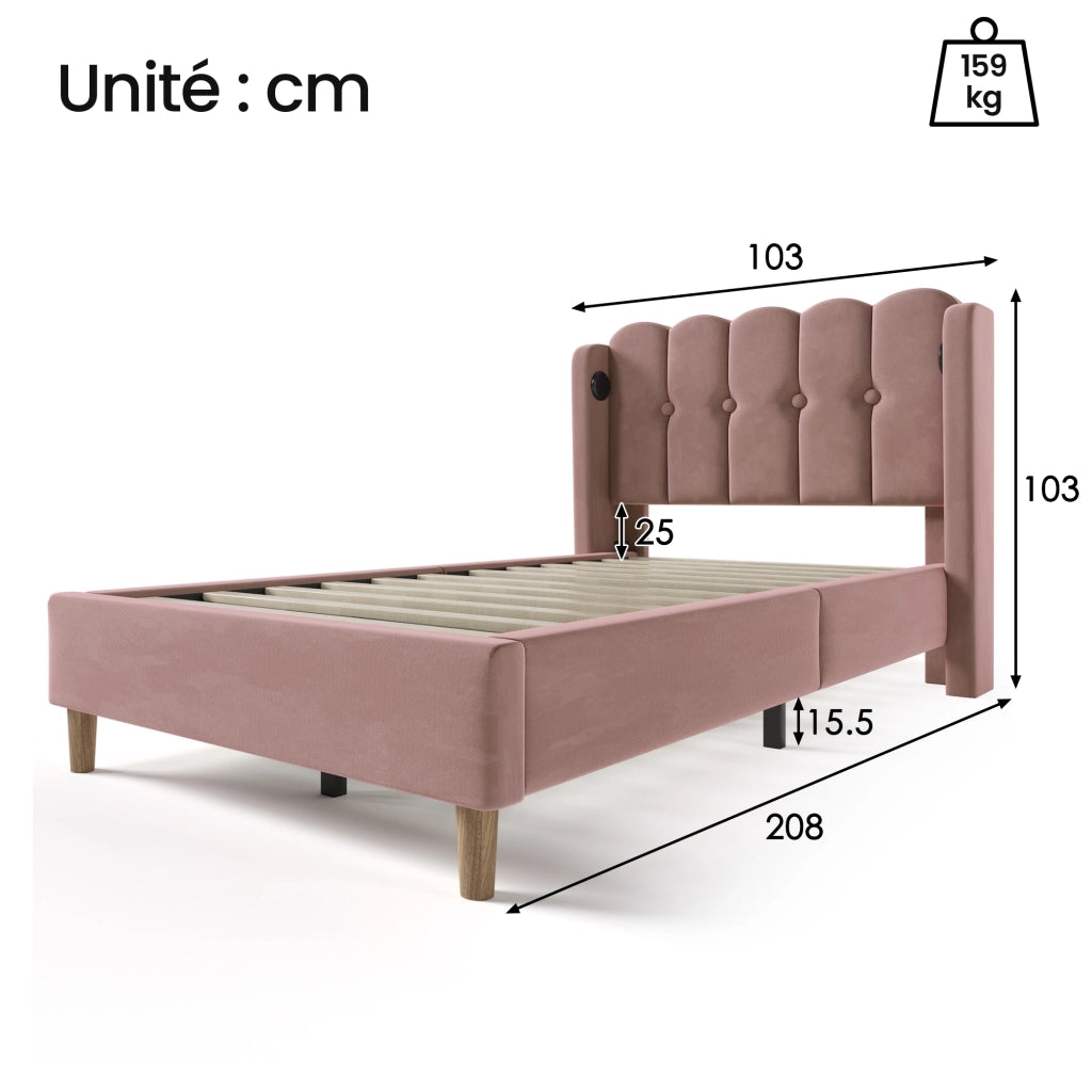 OKWISH Letto Singolo 90×200 cm con Porte USB, Tipo C e Testiera, senza Materasso, in Velluto, Rosa