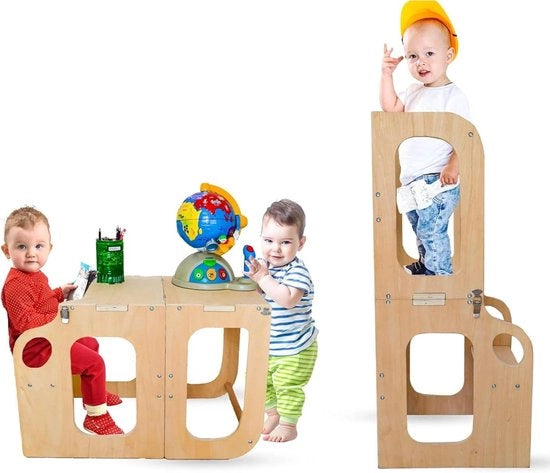 Tavolo di apprendimento trasformabile per bambini - Aiuto per la cucina Montessori - Legno naturale per l'apprendimento e l'autonomia