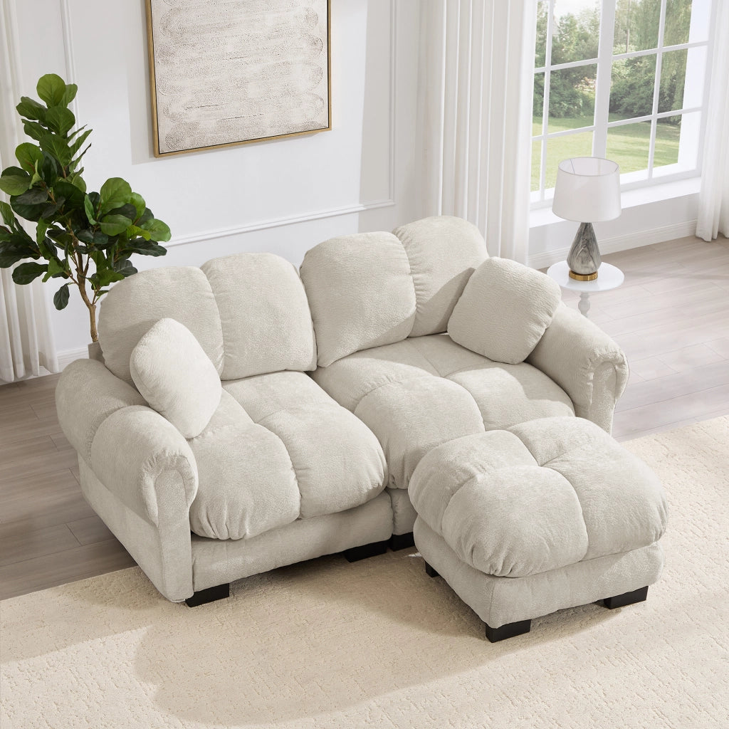 Divano angolare modulare 2 posti in Chenille con Cuscino mobile e pouf, Light Khaki