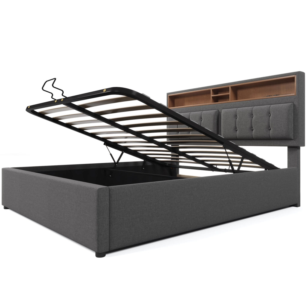 Letto matrimoniale imbottito 160x200 cm con contenitore; testiera regolabile e USB/Type-C; grigio in lino con materasso