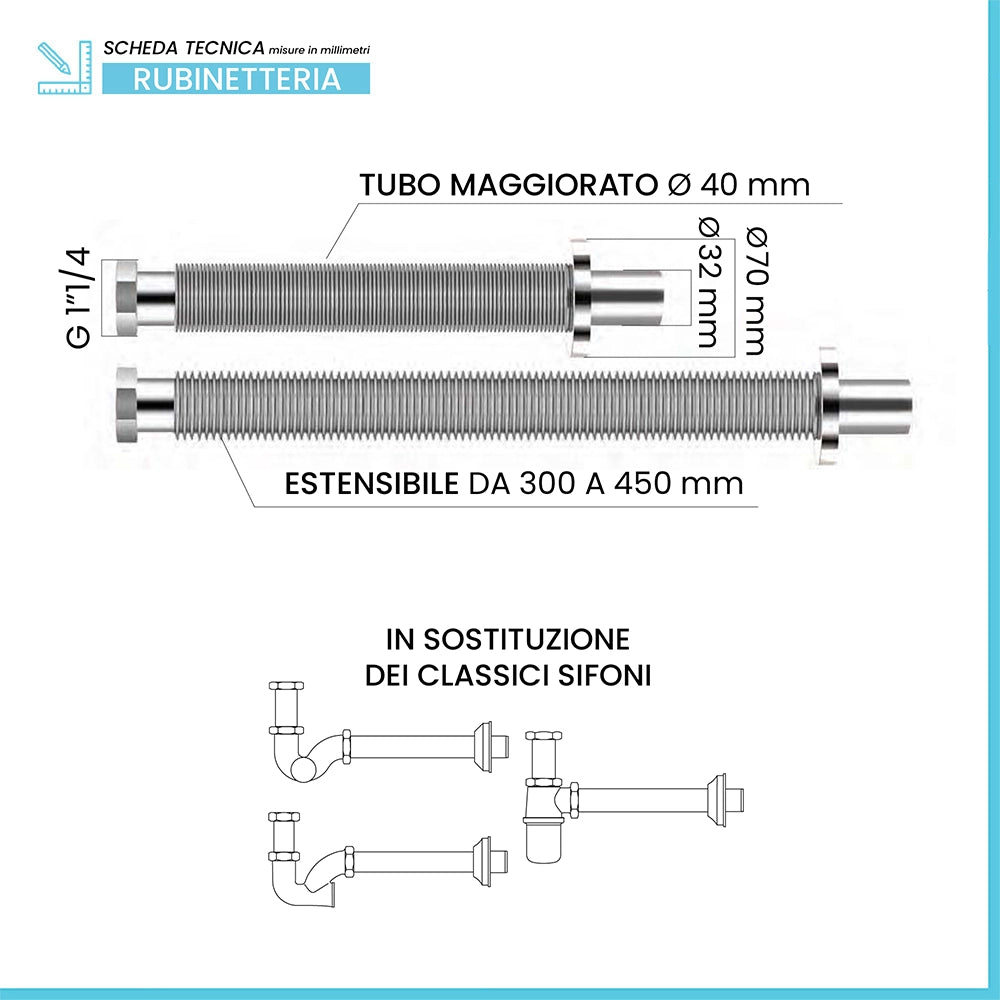Tubo di scarico BPS flessibile ed estensibile in acciaio inox 1”1/4 x 32