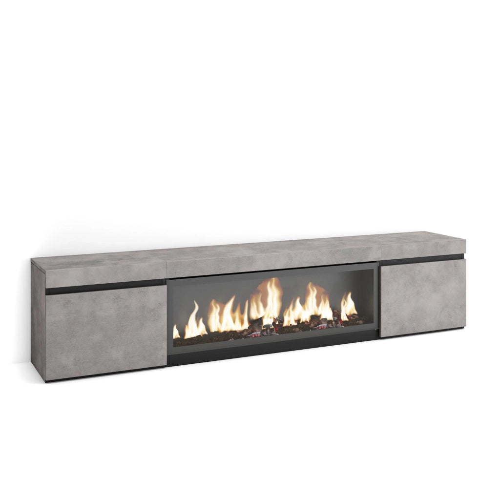 Mobile TV, Soggiorno, 208x35x45cm, Per TV fino a 80", Camino elettrico XXL, grigio cemento RF3209