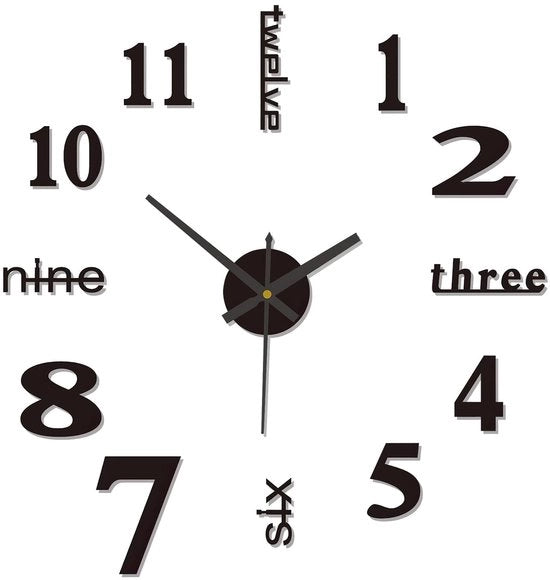 Orologio da parete 3D adesivo grande 50 cm, silenzioso e adesivo, orologio da parete moderno e silenzioso, decorazione per parete, adesivi decorativi per soggiorno, cucina, camera da letto, ufficio, nero