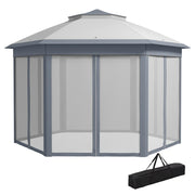 Gazebo pieghevole 4 x 4m in stile esagono tende a rete; tetto idrorepellente per feste barbecue grigio+bianco