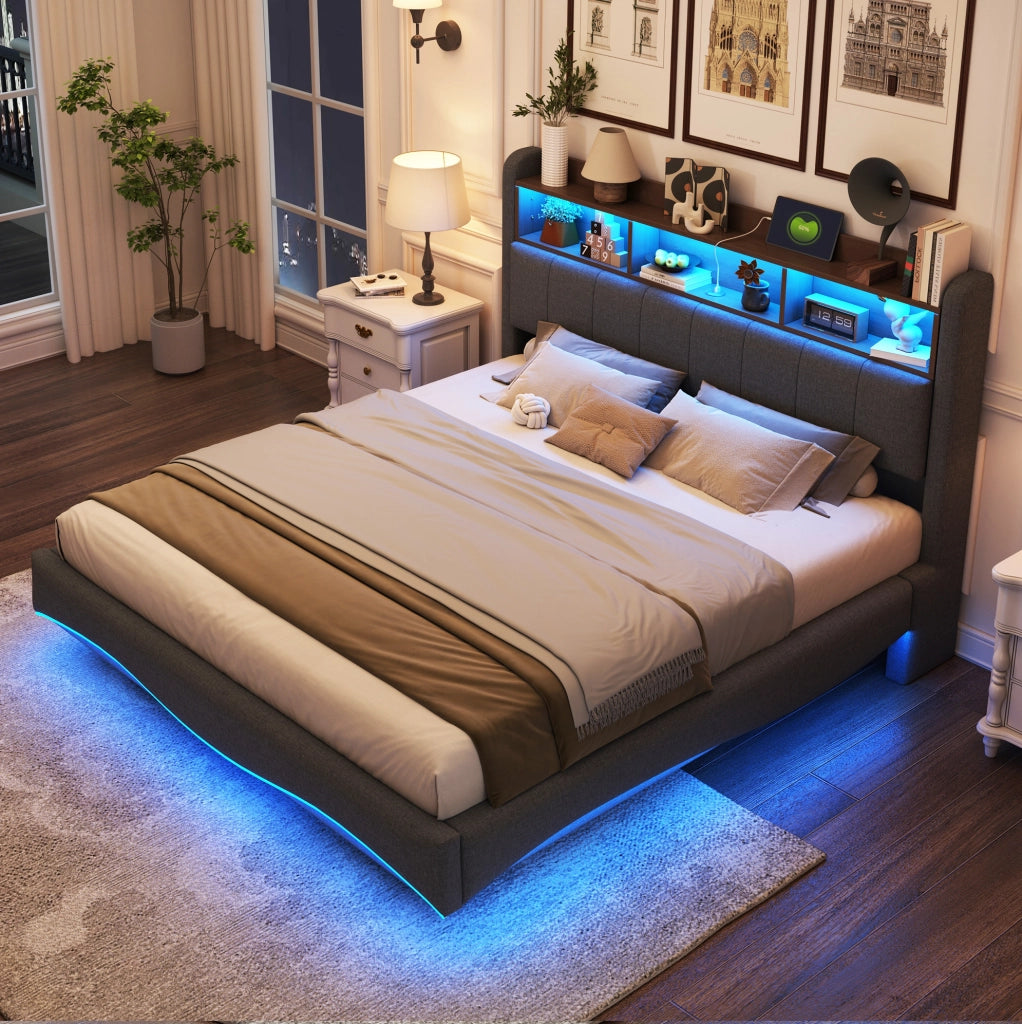 LETTO Imbottito 160x200 cm Grigio con LED, USB e Type-C