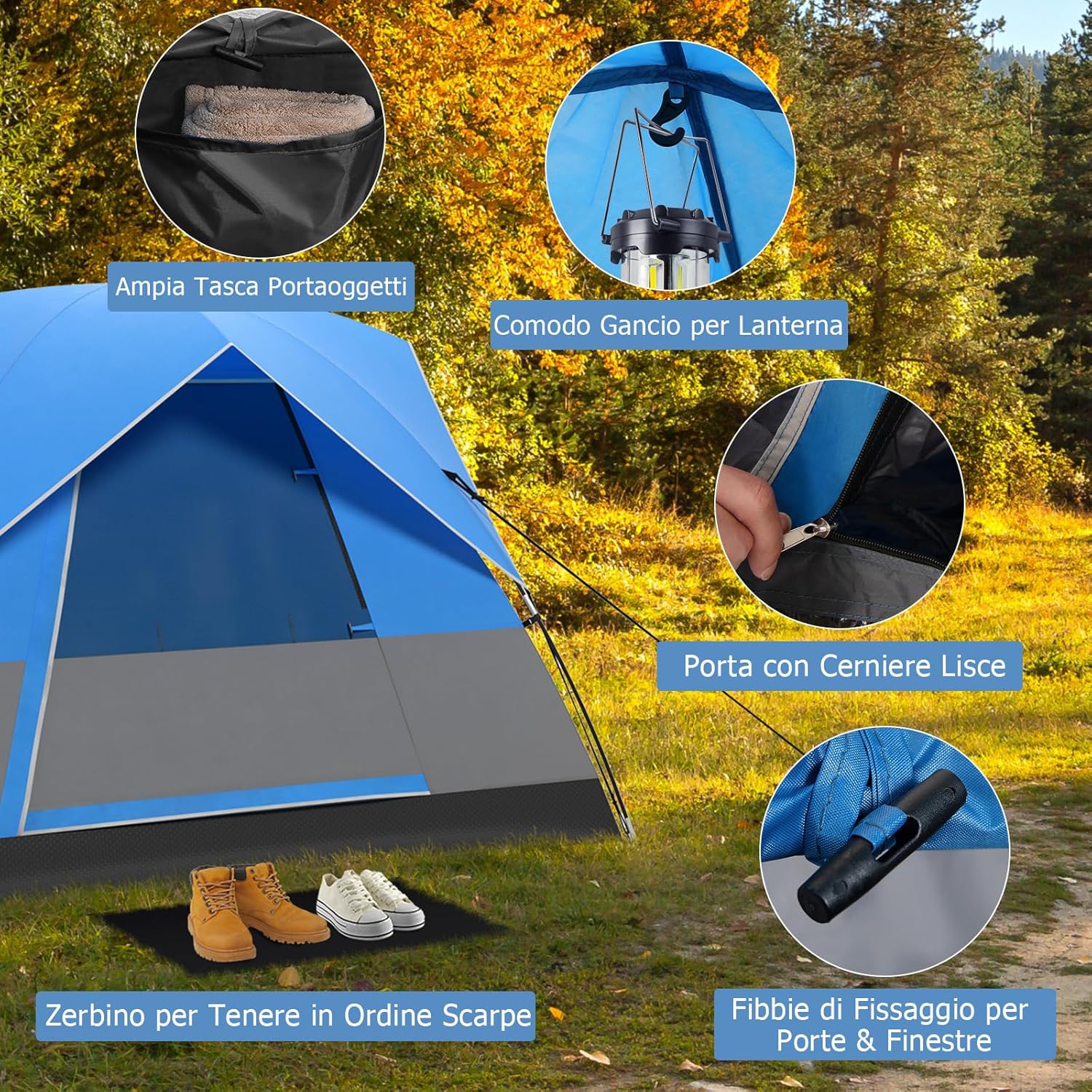 Tenda Campeggio per 2-3 Persone, Tenda a Cupola Ultraleggera, Impermeabile e Antivento, 4 Finestre a Rete, Tenda Zaino in Spalla per Escursionismo Campeggio All'aperto, Blu
