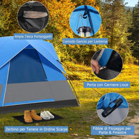Tenda Campeggio per 2-3 Persone, Tenda a Cupola Ultraleggera, Impermeabile e Antivento, 4 Finestre a Rete, Tenda Zaino in Spalla per Escursionismo Campeggio All'aperto, Blu