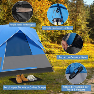 Tenda Campeggio per 2-3 Persone, Tenda a Cupola Ultraleggera, Impermeabile e Antivento, 4 Finestre a Rete, Tenda Zaino in Spalla per Escursionismo Campeggio All'aperto, Blu