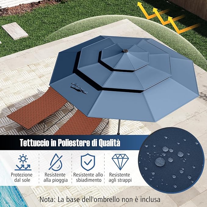 Ombrellone da Patio 313 cm con 32 Luci LED, Tetto Ventilato a 3 Piani, Inclinazioni Regolabili, Manovella, 8 Stecche, Ombrellone da Giardino, Piscina, Spiaggia