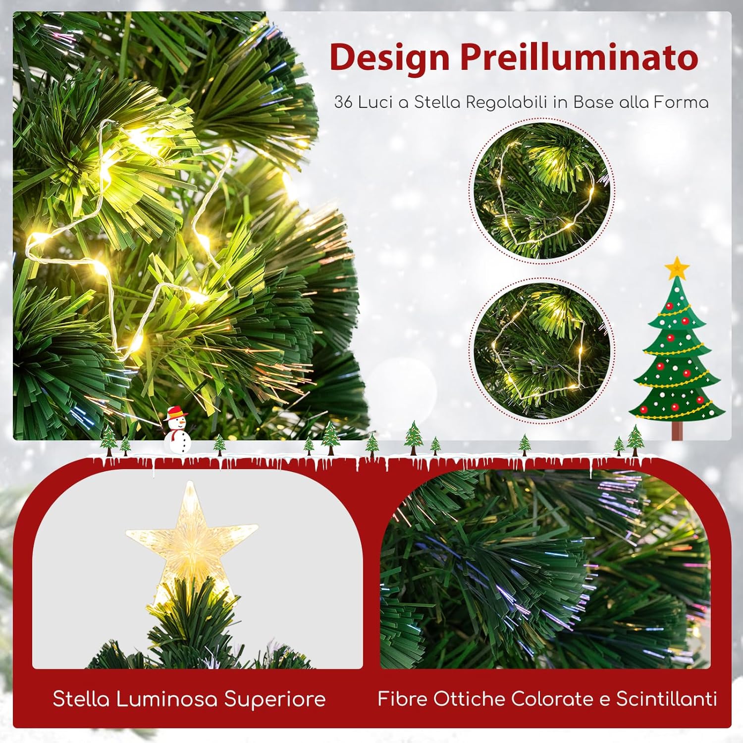 Albero di Natale in Fibra Ottica 150/180 cm, Albero di Natale Artificiale Pre-illuminato con 24/36 Luci a Stringa, Stella sulla Cima e 170/230 Punte dei Rami, Decorazione per Feste (180 CM)