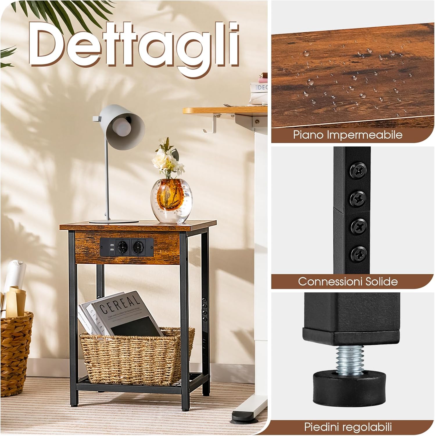 Set di 2 Comodini con Stazione di Ricarica, 2 Tavolini Laterali per Letto e Divano con Ripiano Aperto, Tavolino da Estremità a 2 Livelli con Telaio in Metallo e Porte USB e Prese