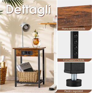 Set di 2 Comodini con Stazione di Ricarica, 2 Tavolini Laterali per Letto e Divano con Ripiano Aperto, Tavolino da Estremità a 2 Livelli con Telaio in Metallo e Porte USB e Prese
