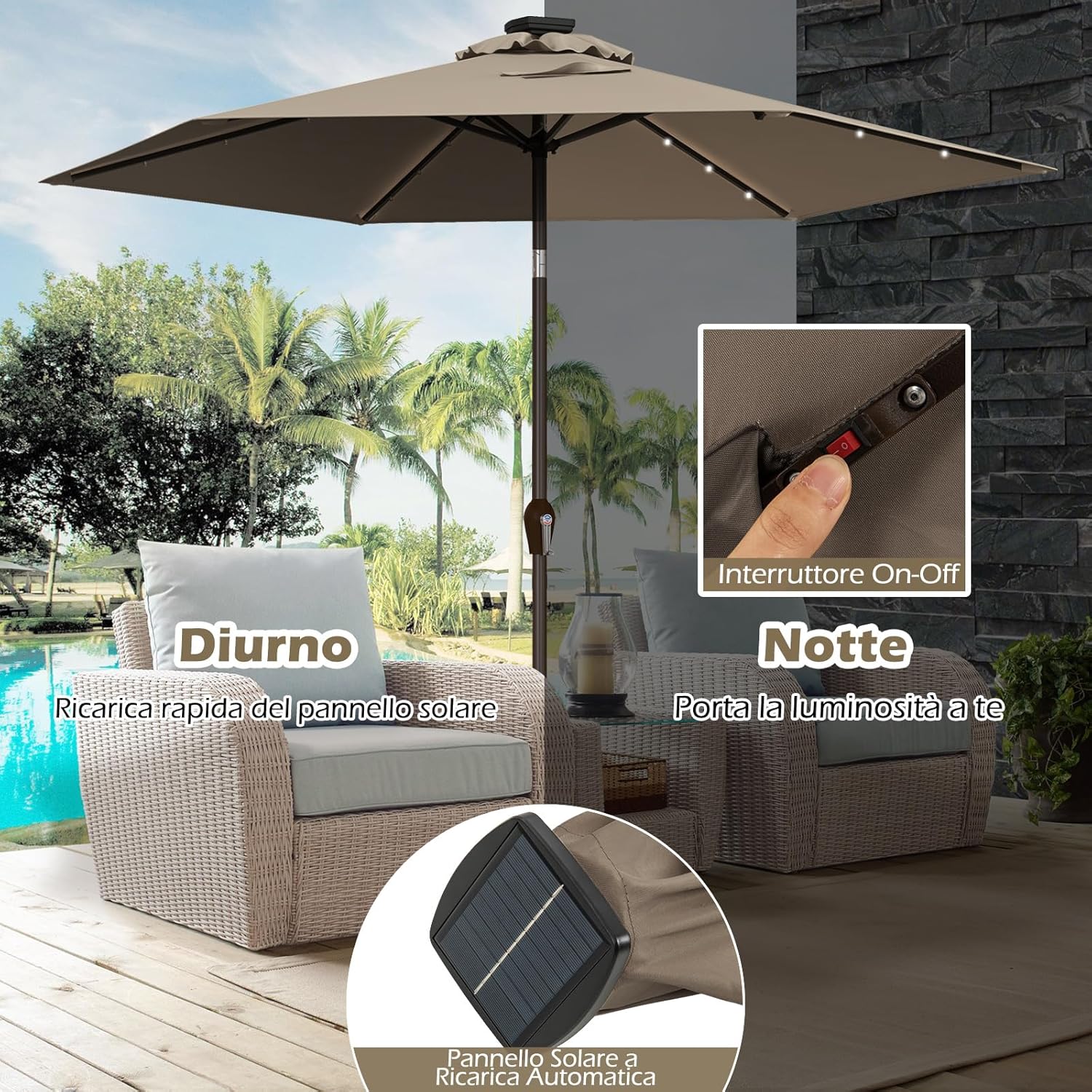 Ombrellone da Giardino con Led Luci ?270 cm, Parasole da Esterno Ombrello da Spiaggia (marrone)