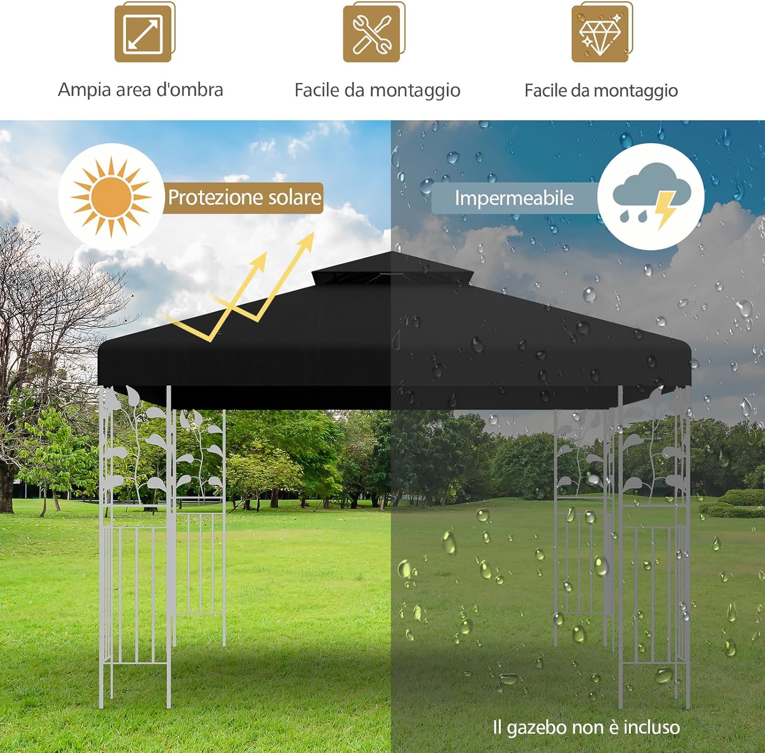 Tetto di Ricambio per Gazebo da Giardino Copertura di Ricambio Gazebo 3 x 3 m (Nero)