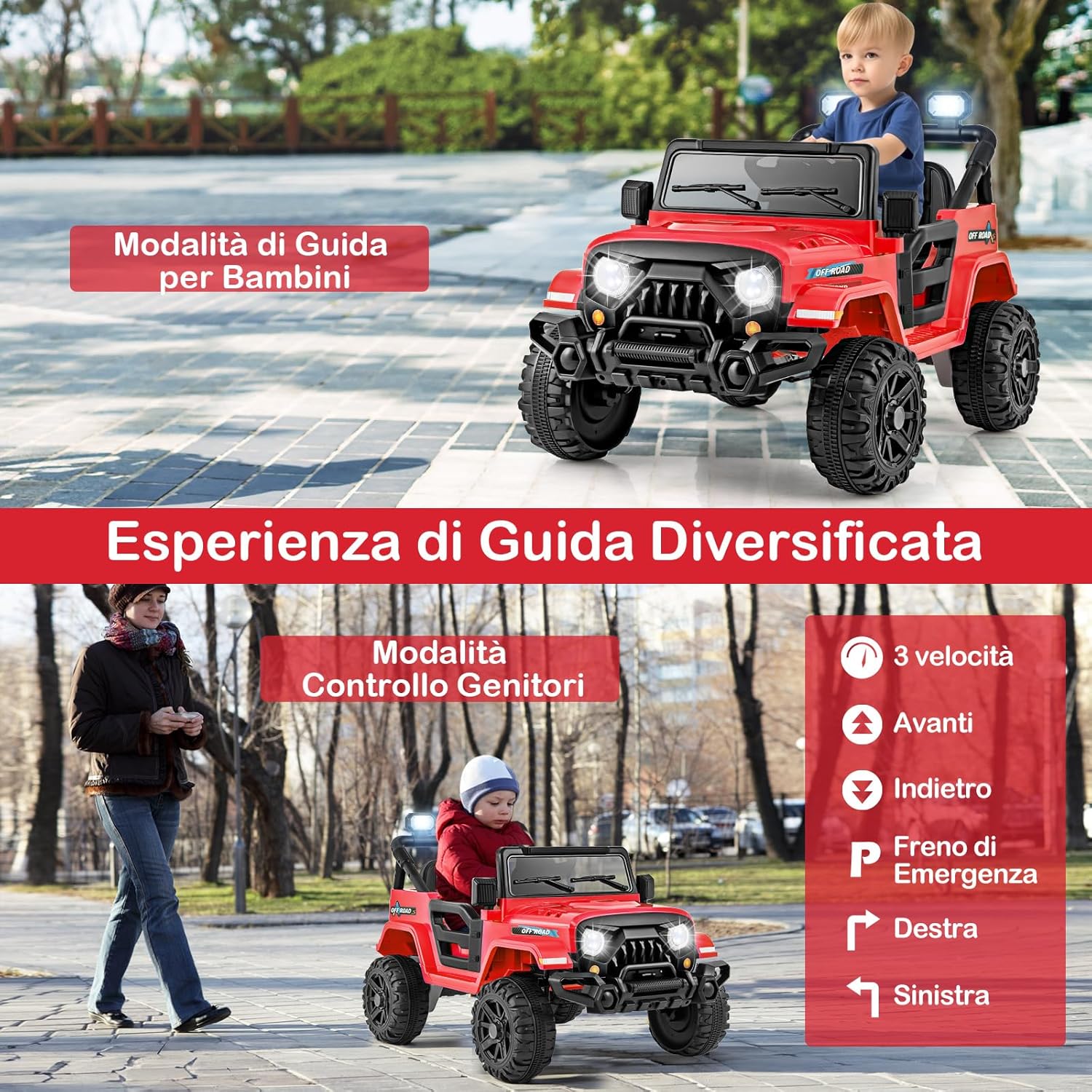 12V Macchina Elettrica per Bambini, Auto per Bambini con Telecomando Porta USB Musica e Luci, Avvio lento, Velocità Regolabile 1-5 km/h, per Bambini 3 Anni+ (Rosso)