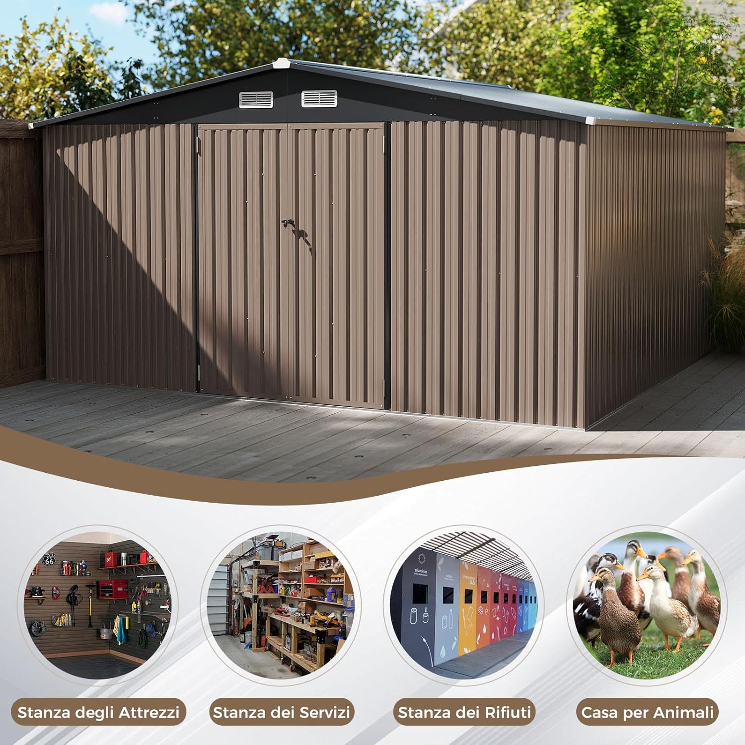 Capanno da Giardino, Casetta Porta Attrezzi con Tetto Inclinato, Porte Bloccabili e Chiavi e 4 Ventilazioni, Organizzatore per Attrezzi da Cortile e Patio, 350 x 350 x 198 cm