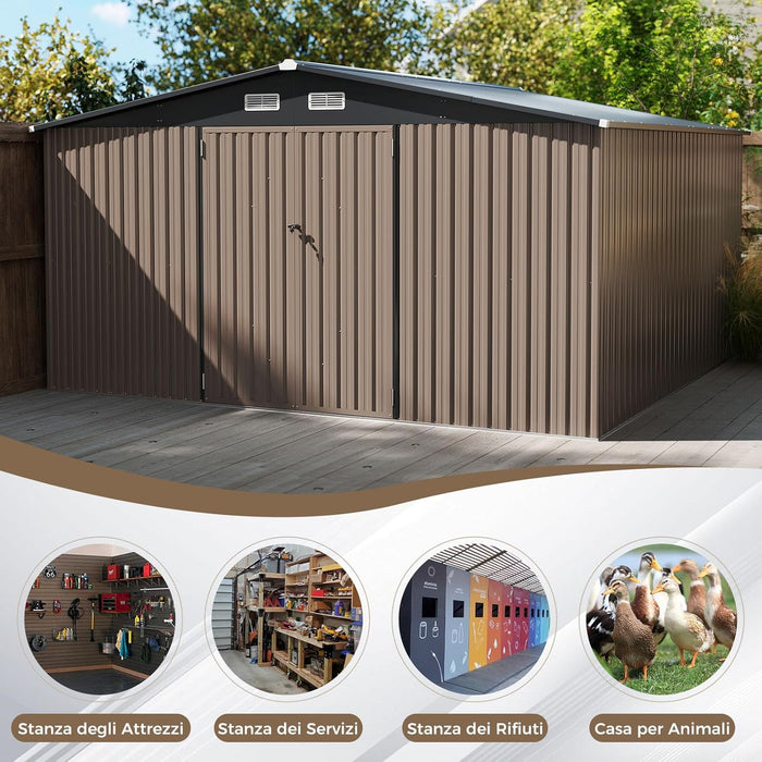 Capanno da Giardino, Casetta Porta Attrezzi con Tetto Inclinato, Porte Bloccabili e Chiavi e 4 Ventilazioni, Organizzatore per Attrezzi da Cortile e Patio, 350 x 350 x 198 cm