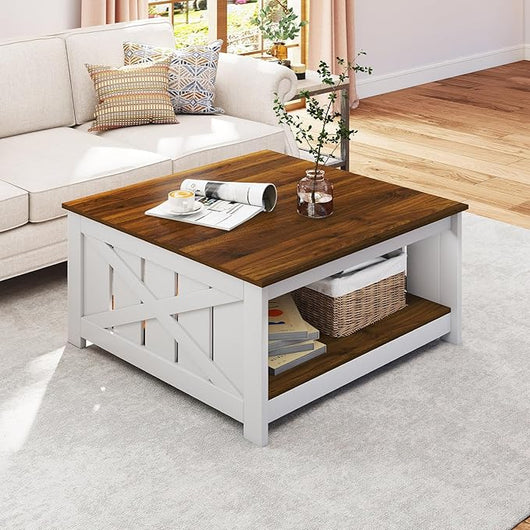 Tavolino da Caffè Quadrato a 2 Livelli, Tavolino Salotto Rustico in Legno con Ampio Piano e Ripiano Aperto per Soggiorno, Ufficio e Studio, 78 x 78 x 44 cm, Bianco & Marrone