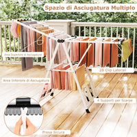 Stendibiancheria con 18 Barra, Stendino Pieghevole in Metallo con Ali Regolabili in Altezza, Clips per Calzini, Supporto per Abbigliamento Autoposante a Ali per Interno Esterno (Bianco)