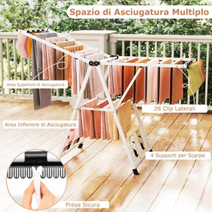 Stendibiancheria con 18 Barra, Stendino Pieghevole in Metallo con Ali Regolabili in Altezza, Clips per Calzini, Supporto per Abbigliamento Autoposante a Ali per Interno Esterno (Bianco)