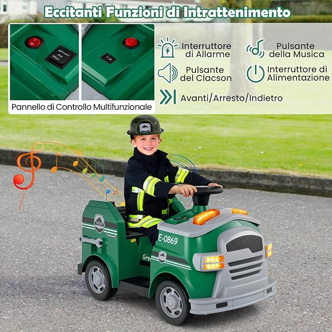 Macchina Elettrico per Bambini 12V, Auto Cavalcabile con Pala, Estintore, Scala, Casco di Sicurezza, 4 Ruote, Sirena e Clacson, Camion Realistico dei Pompieri per Bambini 3-8 Anni (Verde)